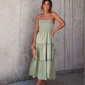 ZOEY SMOCKED TIERED MAXI DRESS - LIGHT OLIVE